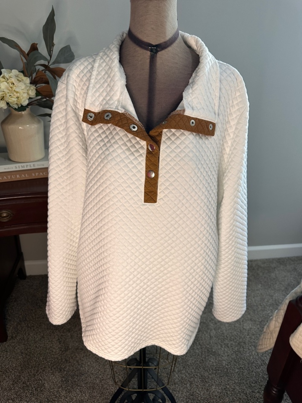 Quilted Ivory Pullover Top with Tan Trim